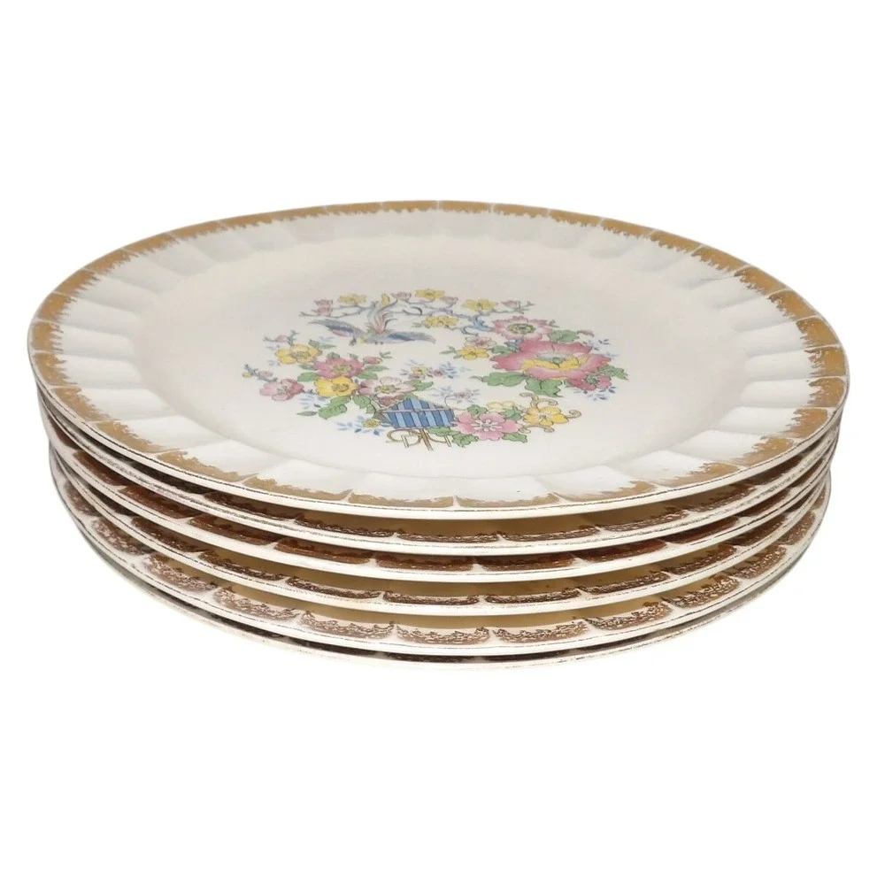 Cronin China Minerva OH Bird of Paradise Scalloped Gold Trim Dinner Plates Set 6